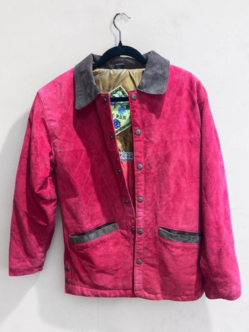 Vintage Fox Run Red suede leather Jacket brown trim preppy old money coat
